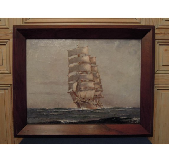 Navy painting : 4 masts square sailboat signed Pierre Forest