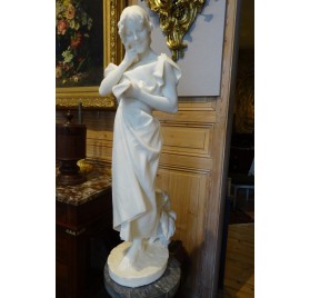 Tall white marble sculpture of Ezio Ceccarelli, young girl with the letter