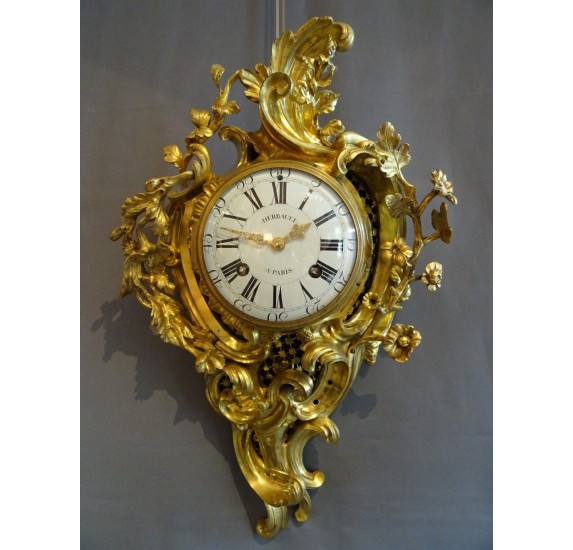 Louis XV wall clock in gilded bronze by Herbault in Paris