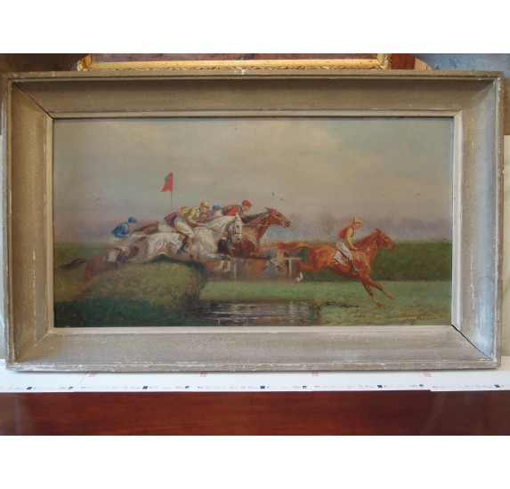 Oil on canvas : horse race in Auteuil by Eugene Pechaubes 