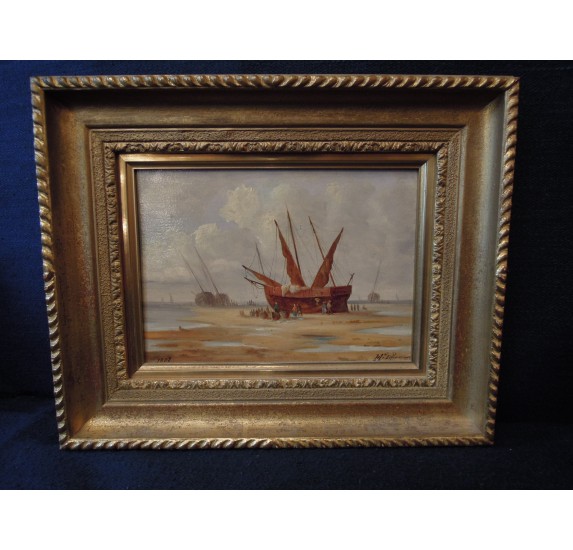 Huile sur panneau : bateaux et pêcheurs, Lefauconnier 1887