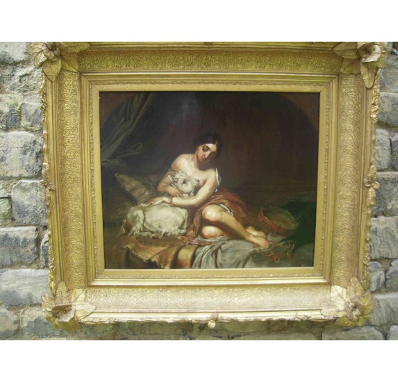 Oil on panel depicting a woman and a goat, 19th