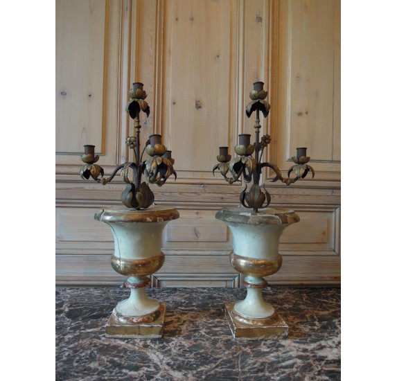 Pair of Medici vases with gilt iron flowers
